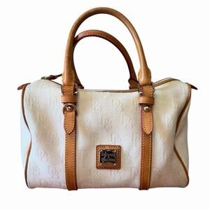 Vintage Dooney & Bourke White Monogram Canvas Barrel Satchel Bag Leather Trim